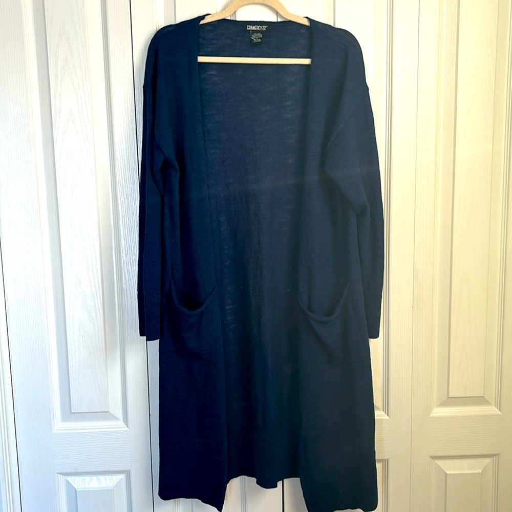 Gramercy 22 Long Line Linen Blend Open Front Cardigan  Size Small  Blue